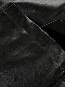 Korean Style Premium Black Lapel Leather Jacket, Mid-Length Loose Fit Versatile Casual Contrast Color Coat, Elegant For Travel And Vacation - Black - View 5