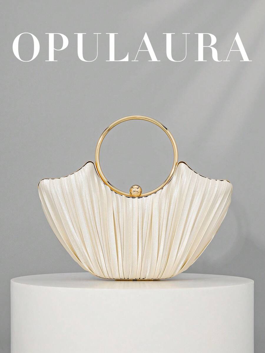 OpulAura 女款金屬質感奢華晚宴手拿包，高端派對手提包，低調奢華，亮片晚宴包，禮服包，適合搭配舞會、派對、婚禮、新娘、伴娘、生日禮服，手持晚宴手拿包 - 杏色 - 查看 1