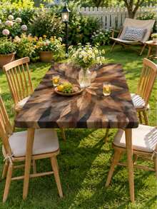 1pc Rectangular Elastic Tablecloth, Faux Wood Grain Geometric Floral Print Fitted Stretch Table Cover, Rustic Farmhouse Style Kitchen, Patio, Picnic And Outdoor Dining Table Decor - C - View 4