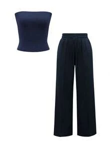 Vaiaye 2pcs Set Autumn Clothing Fitted Sexy Strapless Cropped Top Basic Camisole Solid Color Elastic Fitted Yoga Bandeau Top, Spring/Summer Elegant - Navy - View 3