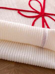 Girls' Minimalist Solid Color Bow Embroidered Knit Pullover Sweater, Suitable For Daily Casual Wear In Spring, Autumn And Winter - Apricot - View 7