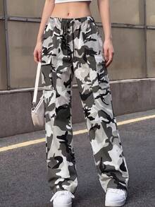 Knot & Curve Women's Cargo Pants, All Season, Elastic Drawstring Waist, Camouflage Print, 3D Large Pockets, Loose Drape Floor Length - White - View 3