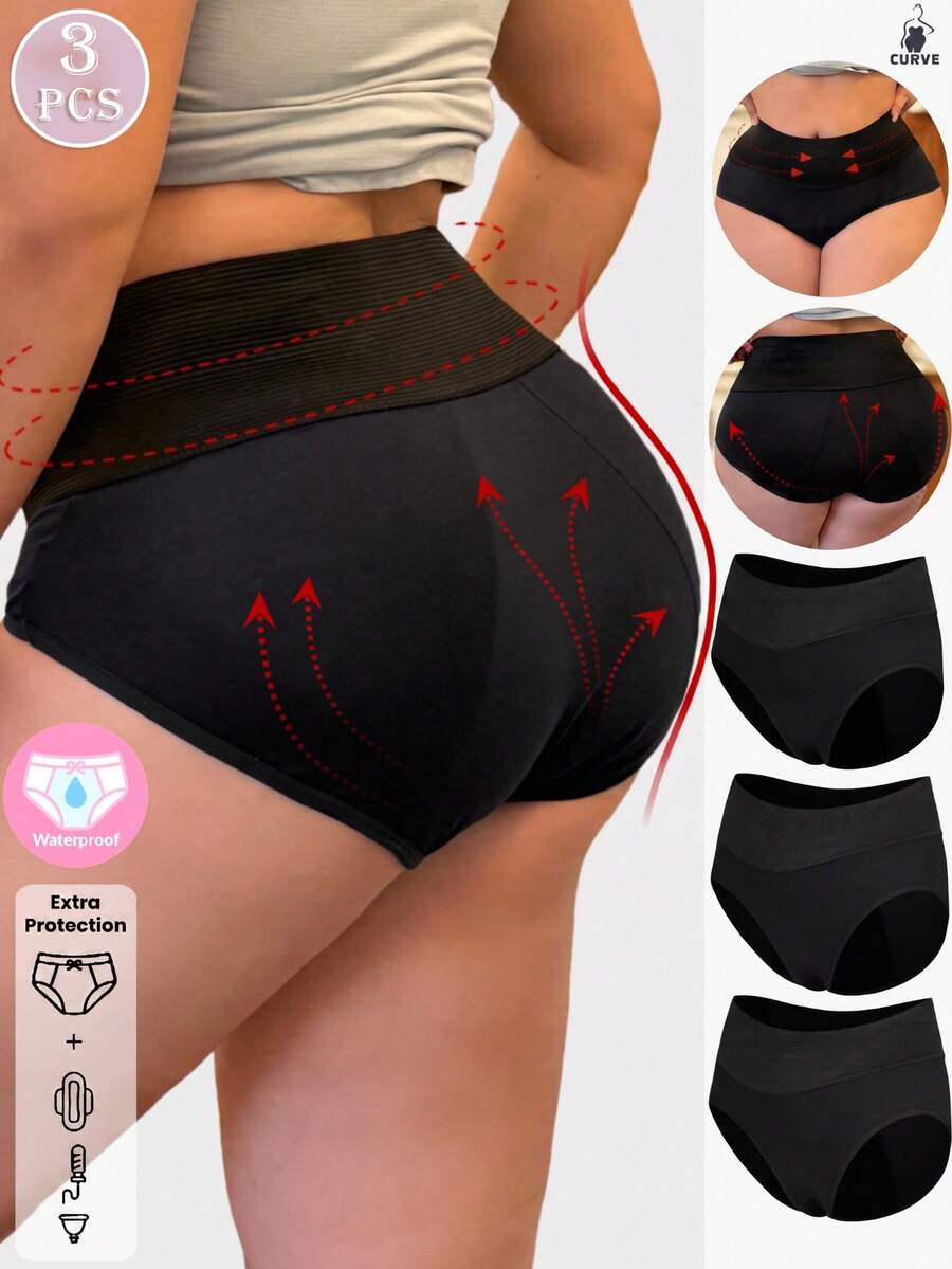 3 Packs Women's Plus Size Menstrual Knickers High Rise Waterproof Briefs Leak Resistant Postpartum Wear - Multicolor - View 1