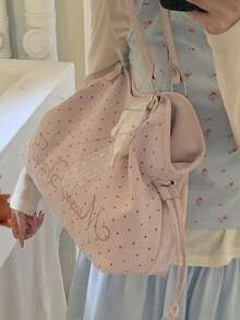 Embroidered Polka Dot Tote Bag, Y2K Sweet Cool Style Shoulder Bag, Large Capacity Commuter Bag, No Pendant, No Pendant - Pink - View 7