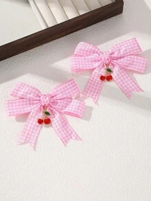 2pcs/8pcs Women's Fashionable College Style Pink Red Blue Black Dual-Color Checkerboard Bow Hair Clips, Cherry Pendant Checkerboard Hair Clips, Cute Hair Accessories For Campus Daily Wear, Birthday Party, Suitable For Daily Party Gathering Decoration And Matching - Multicolor - View 13