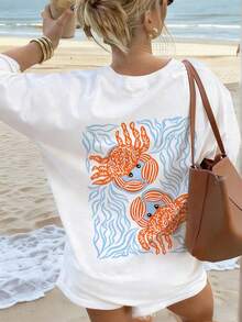 Women's T-Shirt With Crab And Ocean Print, Crew Neck, Loose Fit, Casual, White, Summer - White - View 1