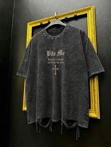 Unisex Vintage Washed Print T-Shirt, Y2K Gothic Vampire Design, Distressed Hem, Soft Breathable Pure Cotton Top, Suitable For Streetwear, Concerts And Weekend Casual Wear - Black - View 2