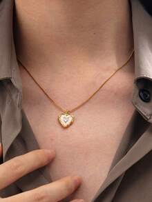 1pc Fashionable Cute Zirconia Shell Heart Pendant Necklace Women's Gift Necklace - Yellow Gold - View 5