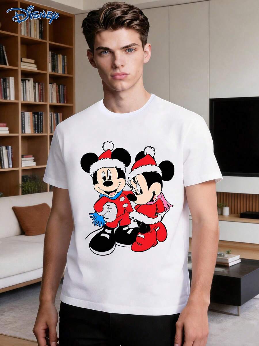Disney 1 chiếc áo thun nam ngắn tay dáng rộng, in họa tiết Minnie Mouse và Mickey Mouse Giáng Sinh, cổ tròn, co giãn nhẹ - trắng - Xem 1