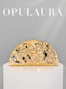 OpulAura 复古贝壳形纹理金属彩色手拿包，不对称设计，磁扣闭合，完美适用于派对、婚礼、毕业典礼、晚宴以及女士生日、婚礼和舞会等场合。 - 金色 - 查看 1