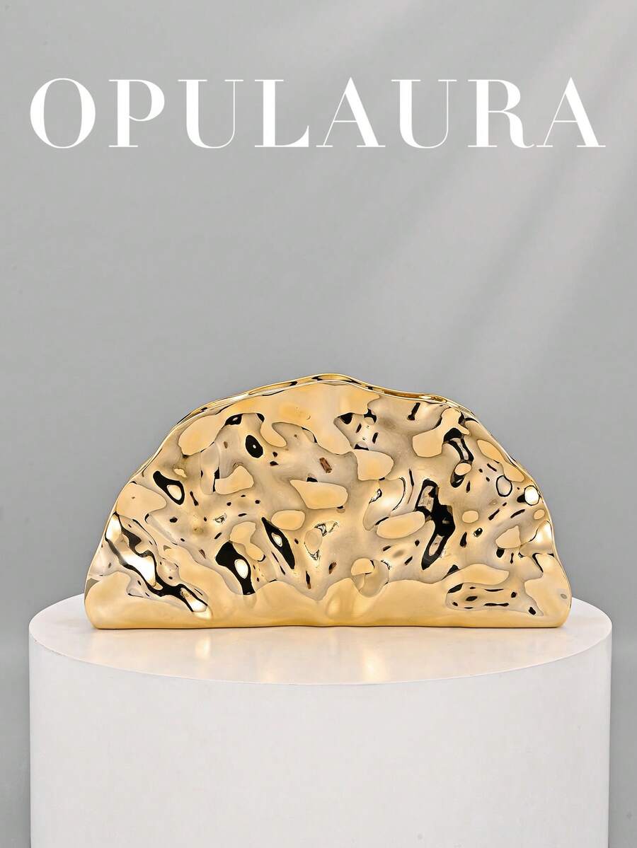 OpulAura 复古贝壳形纹理金属彩色手拿包，不对称设计，磁扣闭合，完美适用于派对、婚礼、毕业典礼、晚宴以及女士生日、婚礼和舞会等场合。 - 金色 - 查看 1