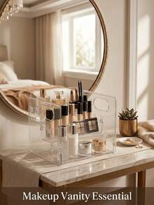 3-Layer Transparent Acrylic Cosmetic Storage Box, Large Capacity Makeup Display Rack, Desktop Drawer Organizer, Made Of Transparent Acrylic Material, Layered Design, Can Store Lipstick, Eye Cream, Cushion, Lotion, Makeup Brushes, Etc.; Equipped With Handle, Convenient To Access, Ideal Choice For Home Storage - Multicolor - View 6