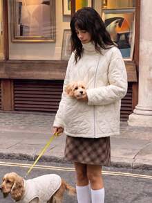 Must-Have For Pet Owners,Women's Casual Fleece Lined High Neck Zip-Up Gold Button Oversized Padded Quilted Coat For Daily,Fall Clothes,Winter Outfit - White - View 6
