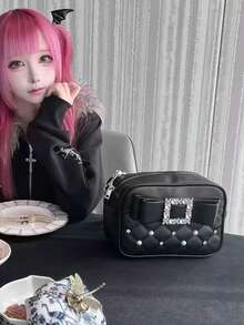 Tas Mini Chic Terbaru Gaya Jepang & Korea, Desain Niche Terinspirasi Inspirasi Tren, Tas Bahu Rantai Mutiara Fashion 2025, Tas Selempang Persegi Serbaguna dengan Motif Quilted - Hitam - View 3