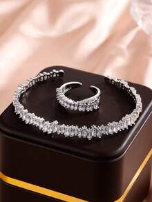 rakol 2pcs Fashionable Cubic Zirconia Asymmetrical Decor Ring & Bracelet Set, Silver Color - Silver - View 8