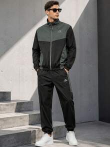 Men's Colorblock Stand Collar Zip-Up Jacket And Joggers 2-Piece Set, Casual Commute Outdoor Running Sports Outfit, Suitable For Spring And Autumn - Black - View 3