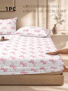 1 buah Sprei Fitted Motif Pita Putih & Merah Muda, Pelindung Kasur, Penutup Kasur, Sprei Fitted, Lembut & Bernapas, Cocok untuk Semua Ukuran Kasur - Twin, Full, Queen, King, Kantong Dalam Hingga 11,8 Inci, Dapat Dicuci dengan Mesin. Perlengkapan Kembali ke Sekolah, Perlengkapan Asrama - Baby Pink - View 2
