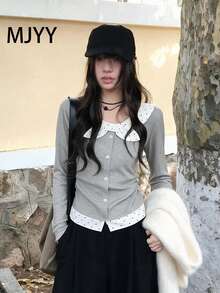 Polka Dot Patchwork Bow Design 2 In 1 Long Sleeve T-Shirt Casual - Grey - View 2