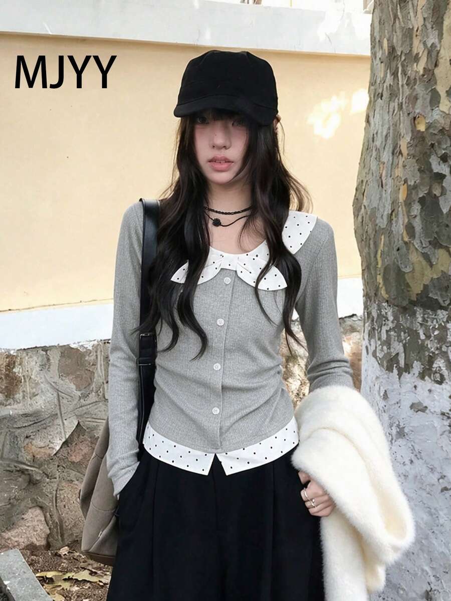 Polka Dot Patchwork Bow Design 2 In 1 Long Sleeve T-Shirt Casual