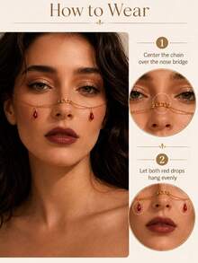 1pc Halloween Gold Face Chain For Women, Red Teardrop Charm Nose Bridge Chain, Elegant Facial Jewelry For Festival Party Cosplay Fashion Accessories - Multicolor - View 8