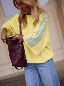 Women's Contrast Striped Long Sleeve Sweater, 2026 Round Neck Mid-Short Knit Sweater, French Street Style Autumn Daily Cafe Yellow Fall - Yellow - View 4