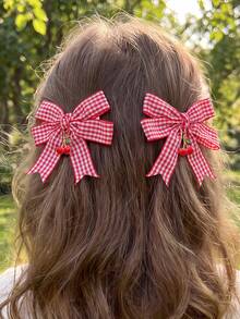 2pcs/8pcs Women's Fashionable College Style Pink Red Blue Black Dual-Color Checkerboard Bow Hair Clips, Cherry Pendant Checkerboard Hair Clips, Cute Hair Accessories For Campus Daily Wear, Birthday Party, Suitable For Daily Party Gathering Decoration And Matching - Multicolor - View 1