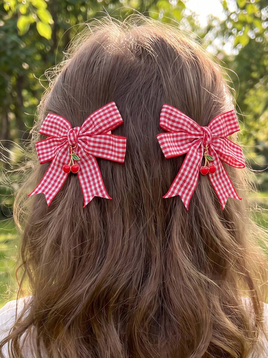 2pcs/8pcs Women's Fashionable College Style Pink Red Blue Black Dual-Color Checkerboard Bow Hair Clips, Cherry Pendant Checkerboard Hair Clips, Cute Hair Accessories For Campus Daily Wear, Birthday Party, Suitable For Daily Party Gathering Decoration And Matching - Multicolor - View 1