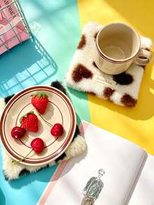 1pc Plush Heart‑Pattern Square Coasters, Cup Base Mats For Tabletop Decor, Soft Fabric Coffee Tray Pads For Tea & Mugs, Ideal For Coffee Table, Dining Table, Tablecloth Protection, Cute Home Table Ornaments For Dining Room & Household Desk Decor - Multicolor - View 9