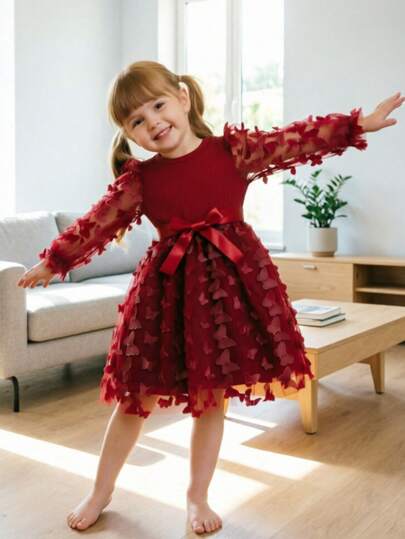 Vestido de niña color borgoña con malla de mariposa 3D, cintura ceñida de satén, manga larga, vestido formal de princesa