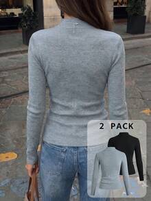 Women's 2pcs Ribbed Knit Base Layer Tops, Grey Mock Neck And Black Turtleneck Slim Fit Long Sleeve Wool Blend Knitted Sweaters, Spring/Autumn Skin-Friendly Basic Solid Color Casual Layering Tops - Black + Grey - View 2