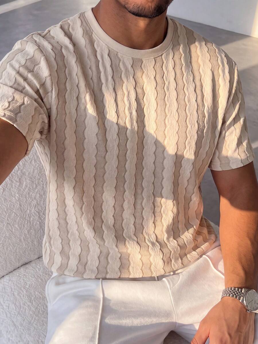 Men's Water Ripple Textured Knit T-Shirt, Crew Neck Loose Fit Versatile Casual Short Sleeve - White - View 1