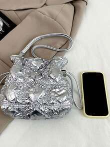 Women's Ruched Textured Bucket Bag With Adjustable Thin Shoulder Strap, Loose Multi-Compartment Storage, Drawstring Closure, Niche Style, Versatile Crossbody Shoulder Bag For Daily, Dating, Party, Travel, Shopping And Casual Wear - Silver - View 3