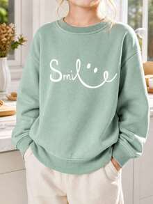 Young Girl Letter & Face Graphic Print Fleece Crew Neck Sweatshirt - Mint Green - View 2