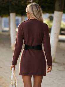 SEREN Fashion Women's Pencil Skirt Short Sweater Dress, Long Sleeve Button Detail, Winter Clothing - Mocha Brown - View 6