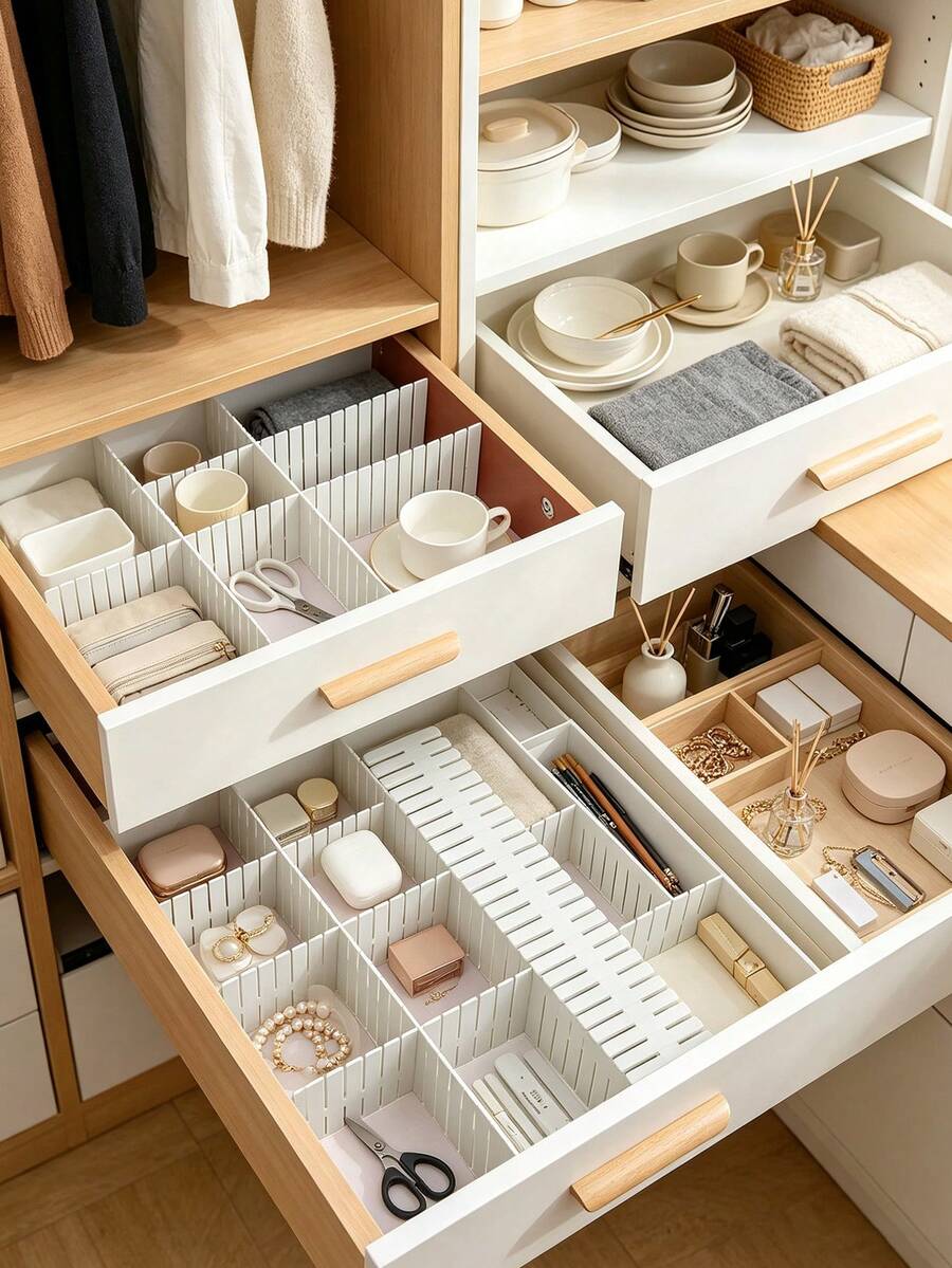 1/8/12 Pembatas Laci DIY yang Dapat Disesuaikan, Kotak Penyimpanan, Untuk Mengatur Barang-Barang, Peralatan Makan, Pakaian Dalam, Kaos Kaki, Pakaian, Rok, Meja dan Kotak, Cocok untuk Dapur, Kamar Mandi, Kamar Tidur, Kantor (Dapat Dipotong Sesuai Ukuran) - MultiWarna - View 1