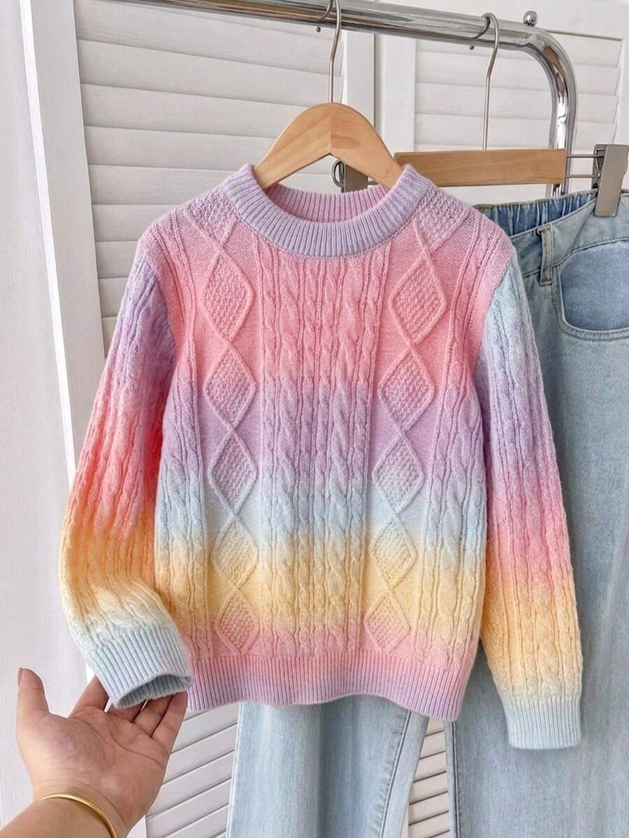 Girls Cute Gradient Argyle Knit Pullover Sweater, Suitable For Vacation, Daily Wear, Spring, Autumn, Winter - Pink - View 1