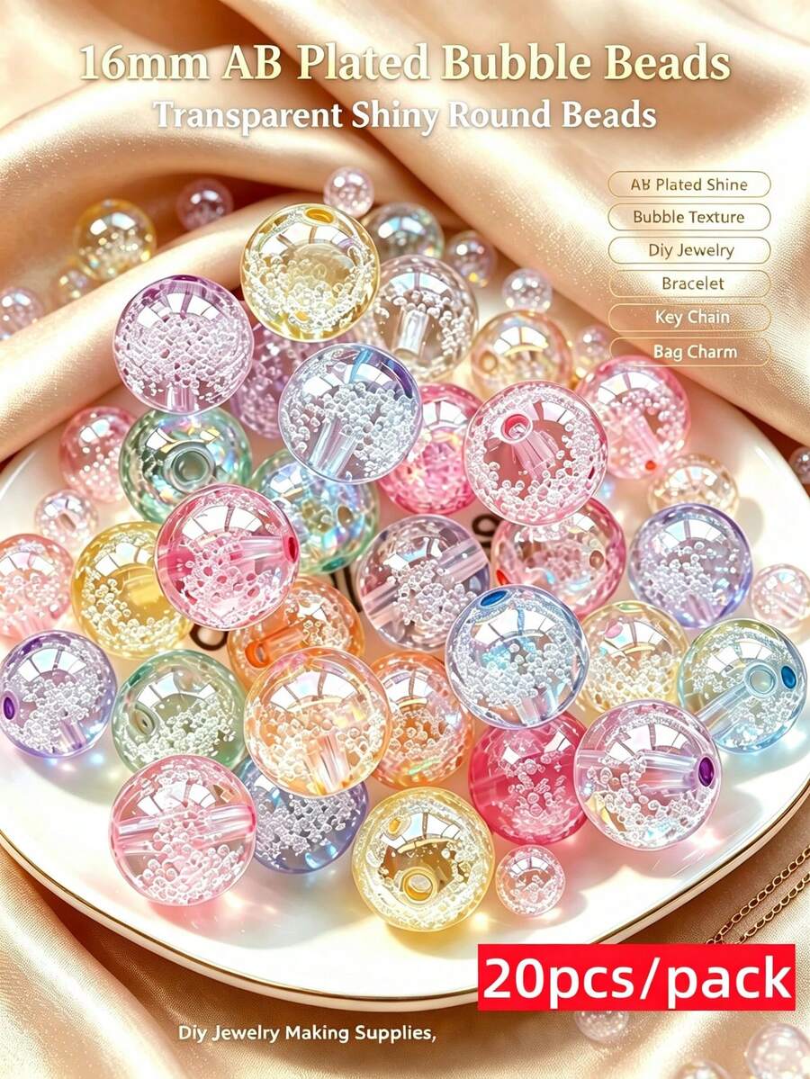 20pcs/Pack 16mm Mixed Color AB Plated Bubble Beads, Large Hole Round Acrylic Beads, Suitable For Jewelry Making, DIY Necklace, Bracelet, Keychain, Bead Pen, Handmade Crafts, Personalized Gifts - Multicolor - View 1