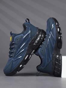 Men's Navy Chunky Air Cushion Sneakers, Mesh Spliced Shock‑Absorbing Non‑Slip Outdoor Sports Shoes - Navy Blue - View 4