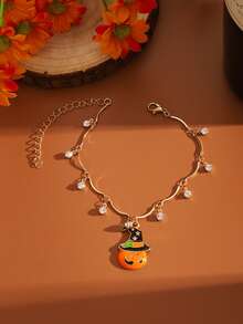 1pc Halloween Pumpkin Witch Hat Dangle Rhinestone Bracelet Adjustable Gold Wavy Chain Party Jewelry - Gold - View 7