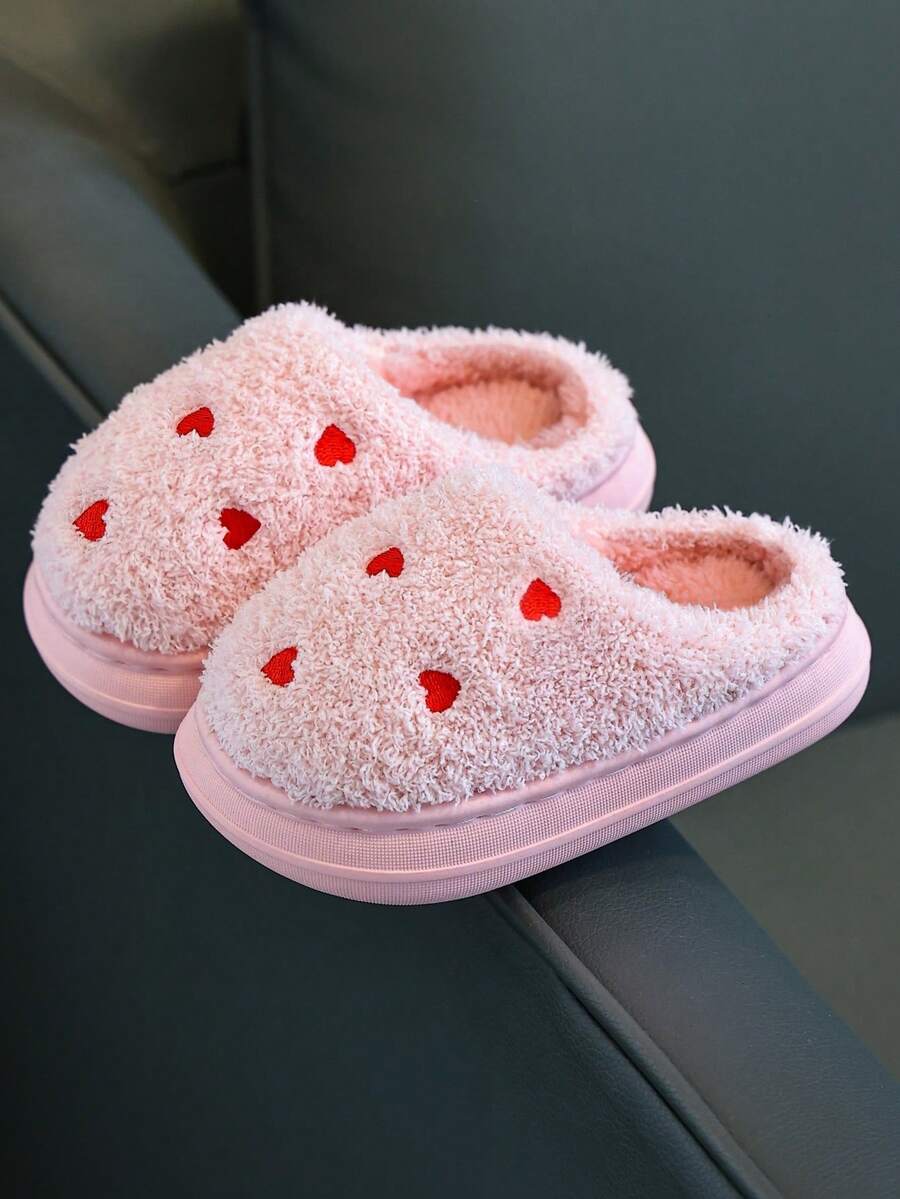 Children's Slippers Autumn/Winter New Sweet Heart Embroidery Girls' Thick Thermal Lined Indoor Home Fashion Versatile - Pink - View 1