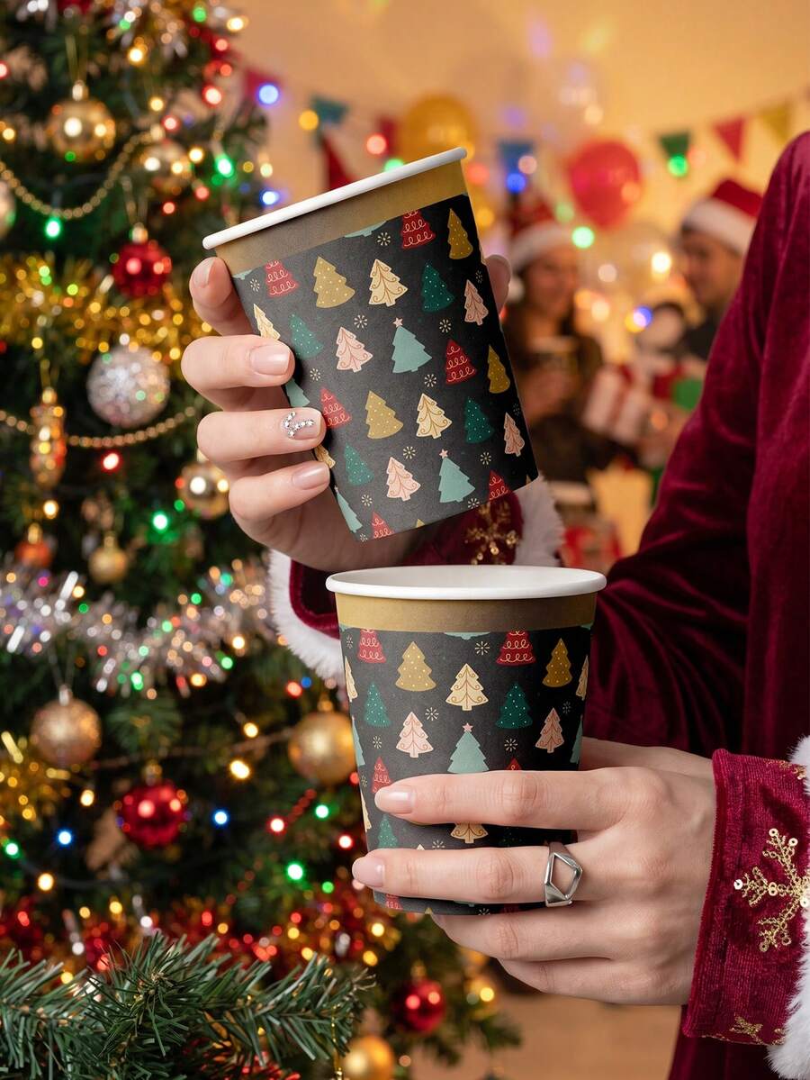 MOSXLOXY 20/50 buah Gelas Kopi Kertas Sekali Pakai Natal, Dengan Pola Pohon Natal yang Indah, Sangat Cocok Sebagai Dekorasi Meja untuk Merayakan Pesta Natal. Cocok untuk Gelas Kopi, Gelas Air, Gelas Jus, dan Gelas Makanan Penutup. - MultiWarna - View 1