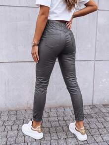 Women's Casual PU Leather Drawstring Jogger Pants Stylish Long Skinny Trousers With Pockets, Medium Stretch, Perfect For Fall - Grey - View 2