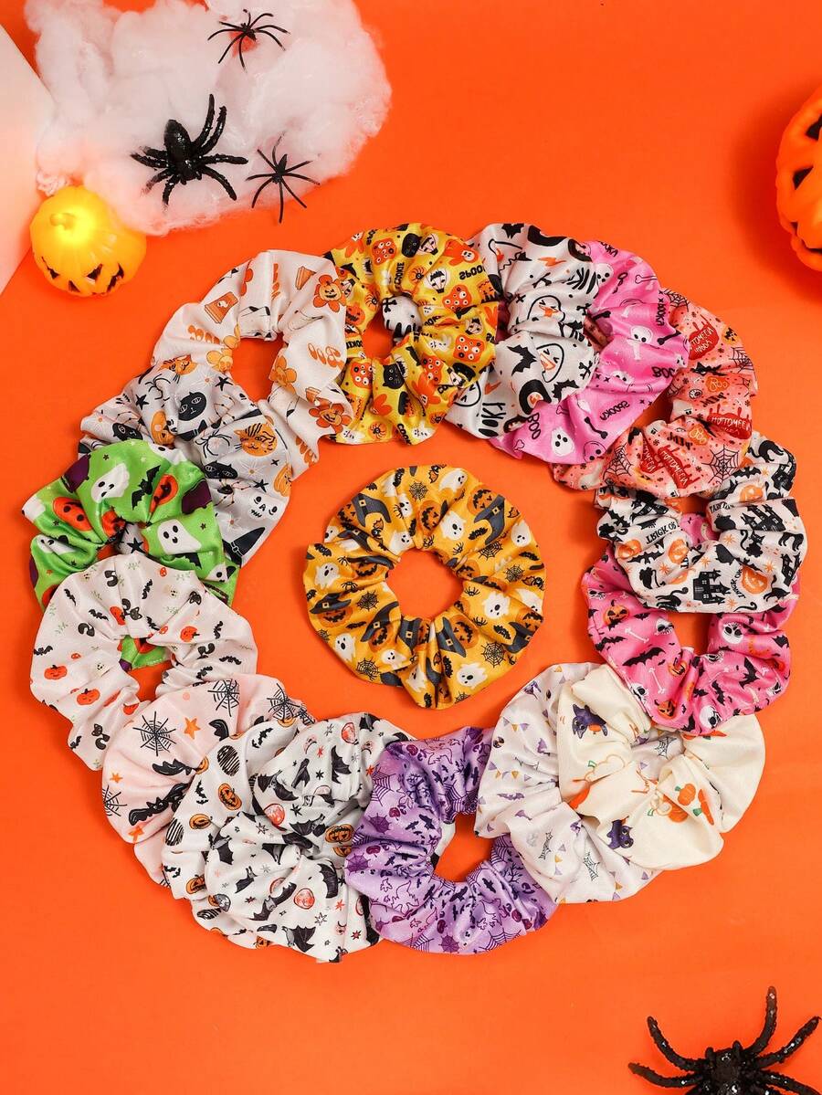 Halloween Elastic Fabric Printed Large Scrunchie Hair Accessory - Multicolor - View 1