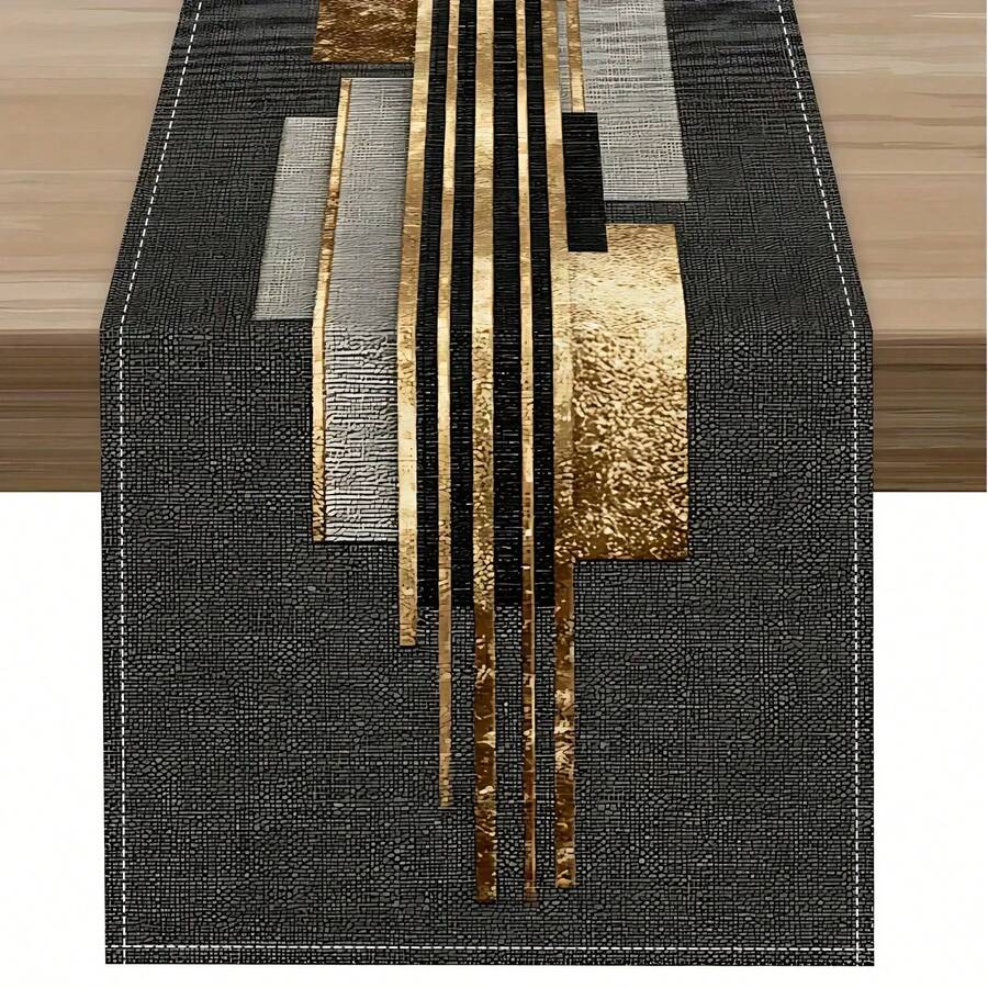 1pc Black & Gold Geometric Patchwork Table Runner, Fashionable Multi-Purpose Table Runner Suitable For All Seasons, Featuring Metallic Color Block Style, Printed Polyester Tablecloth With Clear Division Lines, Suitable For Home Decor And Holiday Occasions, Size 13x36/13x72/13x78.7 Inches - Black and Gold - View 1
