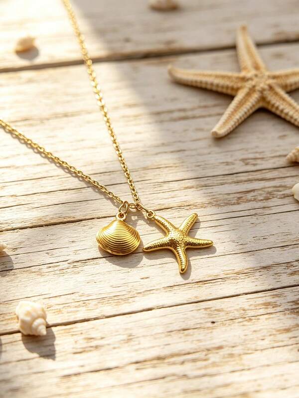 1pc Minimalist Stainless Steel Gold-Plated Starfish & Shell Pendant Necklace, Women's Daily Wear, Holiday Wear, Niche Luxury, Simple & Versatile
