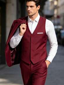 Vest For Men Solid Formal Suit Waistcoat With Wide Pockets For Business Wedding Party Outfit To Match Men Suits - Red - View 8