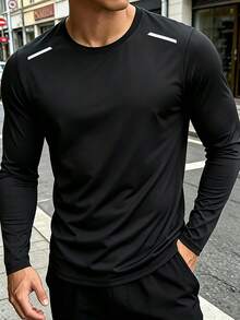 Men's European & American Street Style Long Sleeve Sports T-Shirt, Casual Wear Or Workout Top - Black - View 1