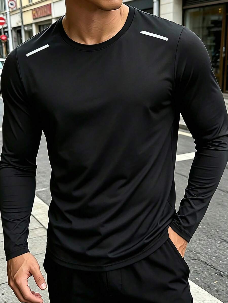 Men's European & American Street Style Long Sleeve Sports T-Shirt, Casual Wear Or Workout Top - Black - View 1