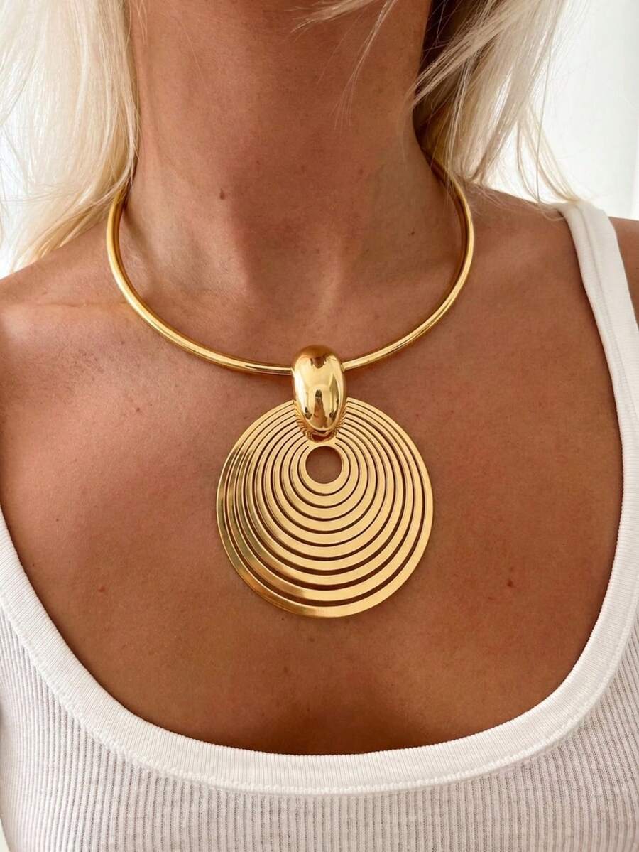 1pc Vintage Elegant Geometric Concentric Circle Pendant Metal Adjustable Collar Exaggerated Vacation Party Necklace - Gold - View 1