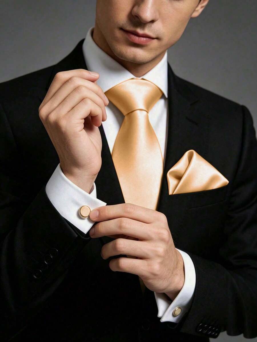 1套男士8cm緞面領帶、口袋巾與袖扣套組,適合商務會議、婚禮派對新郎領帶套組 - 香檳色 - 查看 1